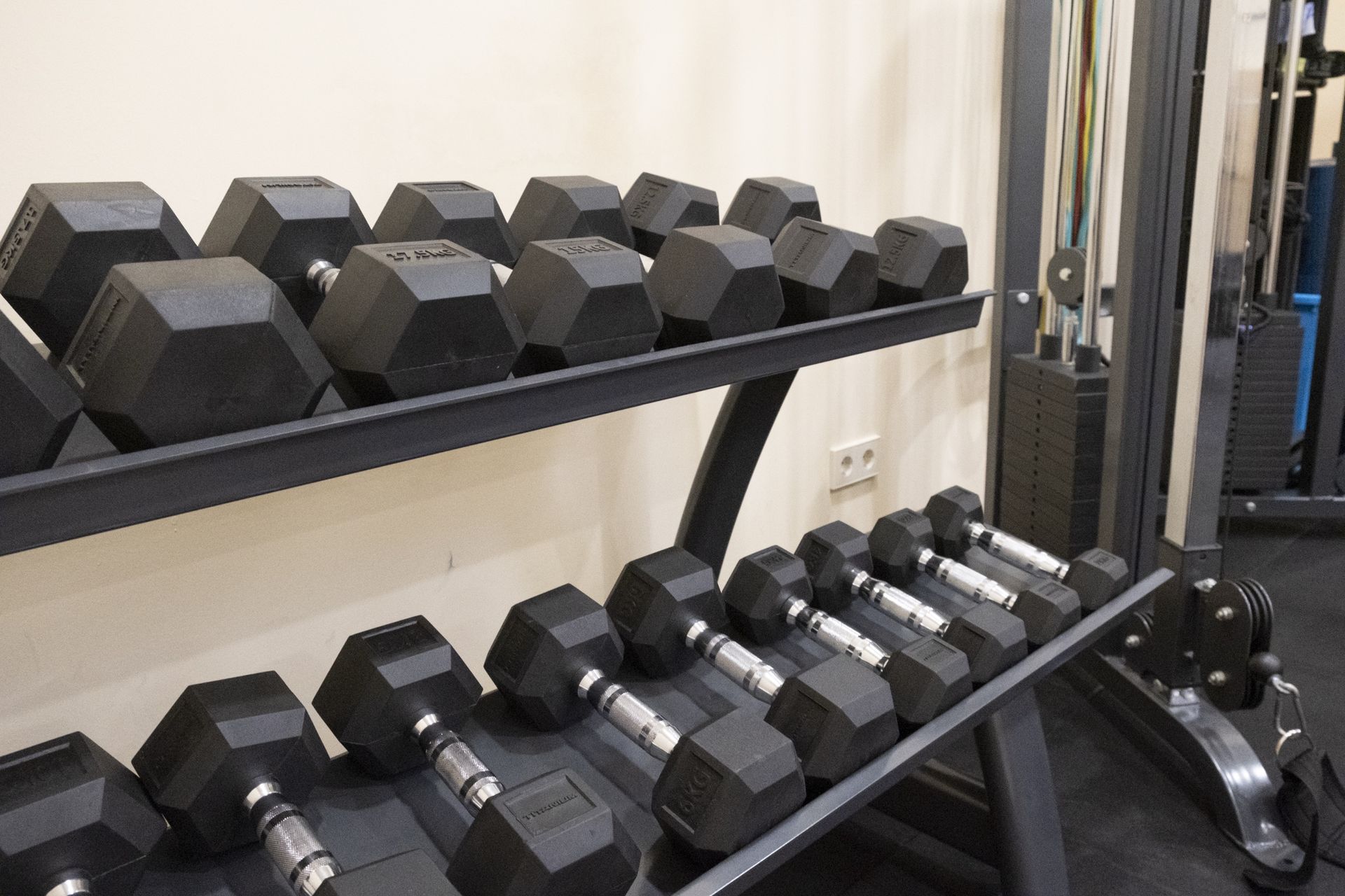Mancuernas hexagonales en su soporte en la sala de entrenamiento de Clínica Lebén